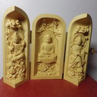 精品隨身三合一佛龕 黃楊木西方三聖木雕佛像