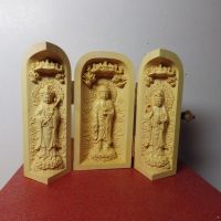 精品隨身三合一佛龕 黃楊木西方三聖木雕佛像